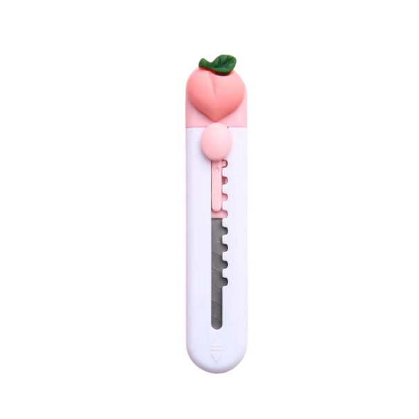 Mini cuchillo de corte blanco con diseño de melocotón, bonito cuchillo de plástico para cartas, cortador de paquetes pequeños para la escuela, la oficina, el hogar y uso diario. 1