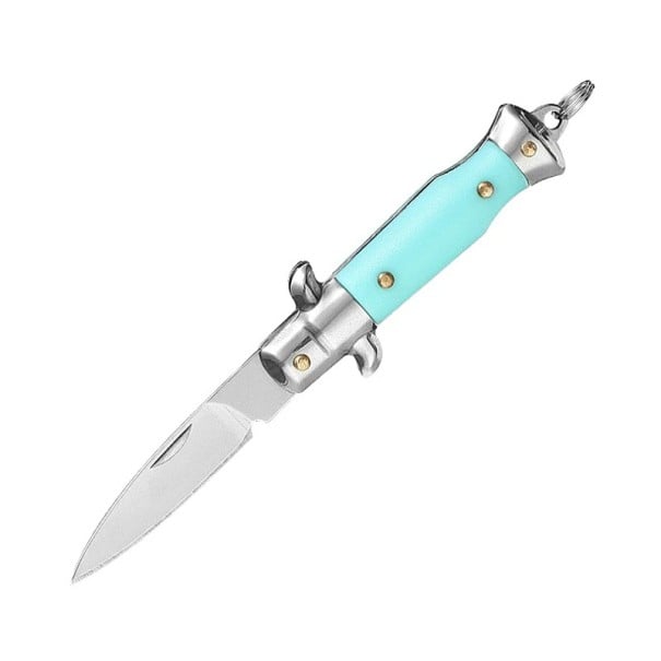 Mini cuțit de buzunar pliabil din oțel inoxidabil 10 cm cu breloc Cuțit de buzunar EDC Breloc compact Instrument în aer liber albastru deschis