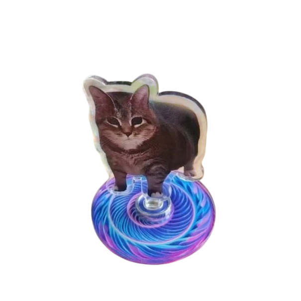 Mini décoration de chat 5 cm Socle rotatif 360° Chat tigré Oiiai pour table, étagère ou tableau de bord Socle rose et bleu 1