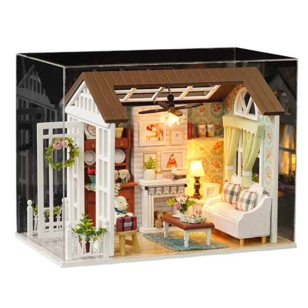 Mini domeček pro panenky 21 x 12,5 x 15,5 cm Miniaturní LED stavebnice s nábytkem a krytem Dekorativní mini domeček Realistický osvětlený model s detaily 1