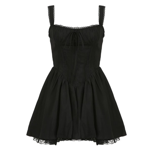 Mini Dress with Corset Cut and Lace Trim Elegant Vintage Style Shaped Cups Gathering String Between Breasts Women's Dress black S