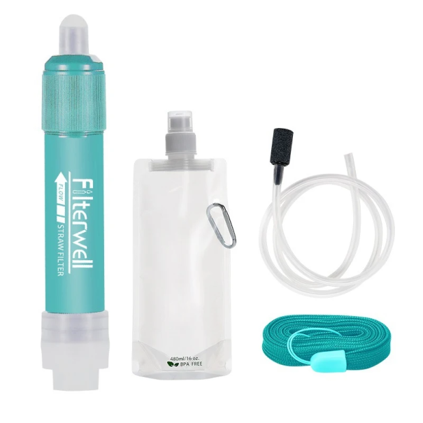Mini filtru de apă de supraviețuire 0,01 microni cu sac de 500 ml tub de silicon 60 cm purificator de apă portabil camping drumeții călătorie albastru