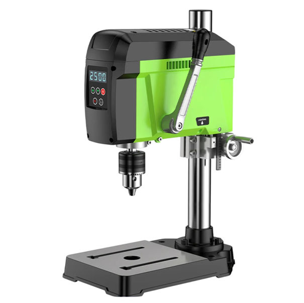 Mini furadeira de bancada 400W 220V/50–60Hz com laser Estrutura metálica Curso de trabalho 5,8 cm Velocidade 2500 rpm Motor sem escovas Ecrã 1