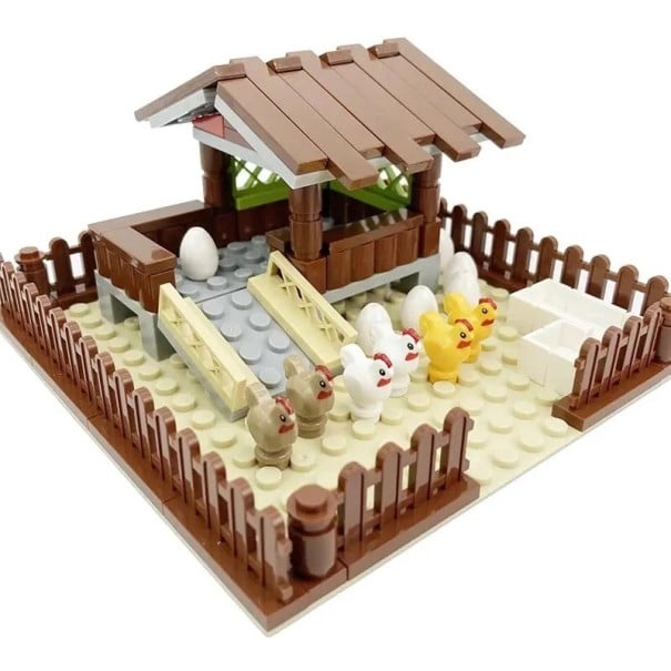 Mini galinheiro 12,5 x 12,5 cm Quintal com galinhas e ovos Brinquedo criativo para crianças Modelo de fazenda para brincar e construir 1