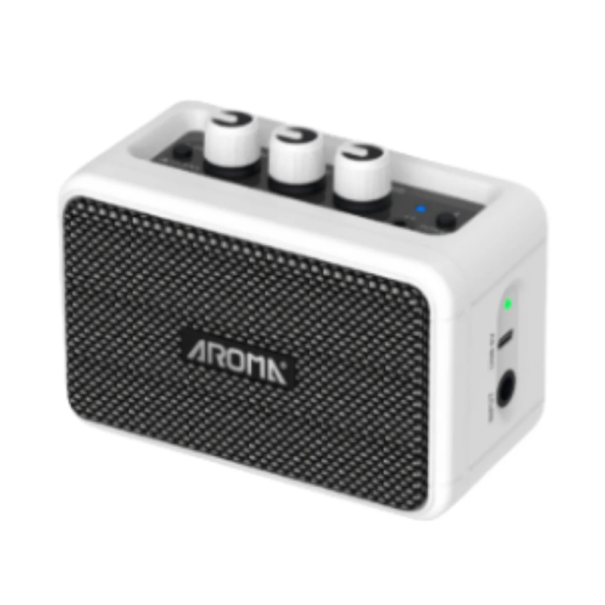 Mini Gitarrenverstärker kabellos mit Bluetooth, Gain/Tone/Volume Steuerung, 3,5mm Klinke für Kopfhörer und USB C Ladegerät 12,5x6,5x9 cm weiß