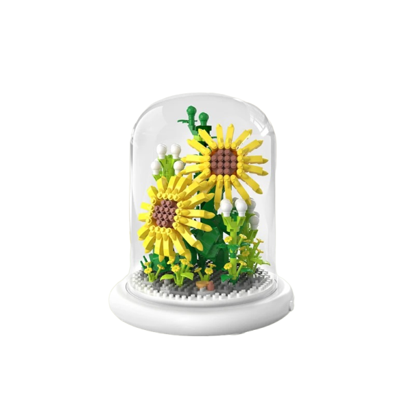 Mini kit de construcción de girasol sobre base luminosa y tapa de cristal 13,5 x 11,7 cm Pilas AAA Decoración del hogar a partir de un kit de construcción Juguete plegable para niños 590 piezas 1