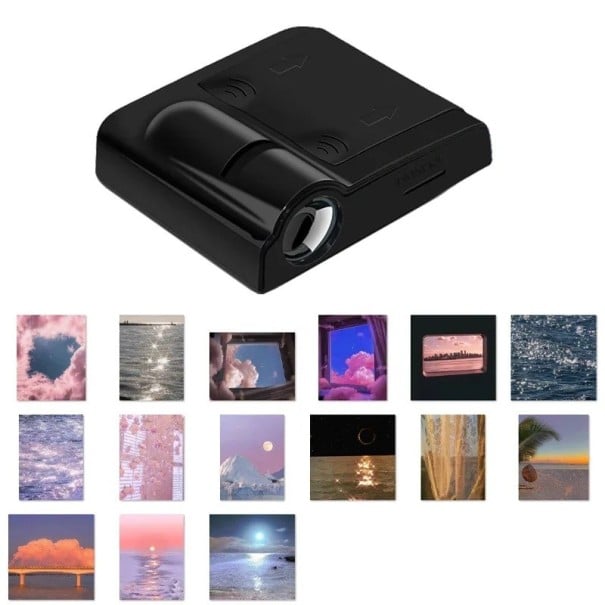 Mini LED Projektor Landschaften mit 15 wechselbaren Filmen, betrieben mit 3x AAA-Batterien, Motive von Meer, Wolken und Sonnenuntergang, Zimmerdekoration schwarz