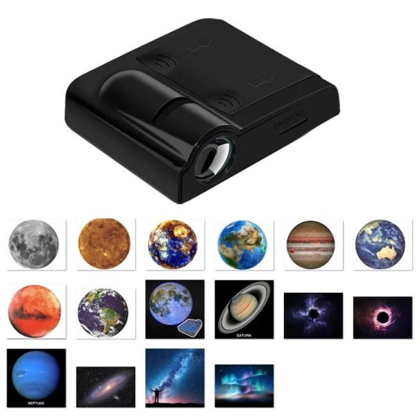 Mini-LED-Projektor Nachthimmel mit 16 Filmen, 27 x 63 x 65 mm, betrieben mit 3x AAA-Batterien, Motive von Planeten und Galaxien für Weltraumliebhaber schwarz