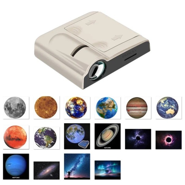 Mini LED projektor noční oblohy s 16 filmy, 27 x 63 x 65 mm, napájení 3x AAA baterie, motivy planet a galaxie pro milovníky vesmíru bílá