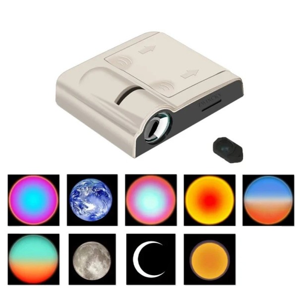 Mini LED projektor noční oblohy s 9 filmy, 27 x 63 x 65 mm, napájení 3x AAA baterie, motivy planet a barev aury, dekorace interiéru bílá