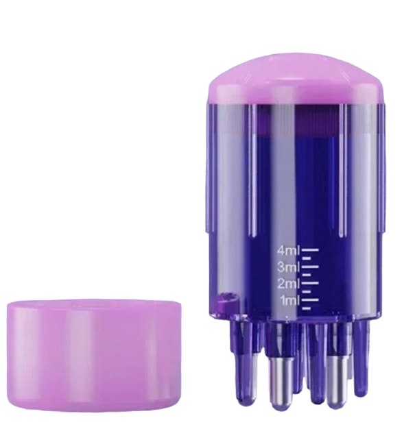 Mini masážní přístroj na hlavu se zásobníkem 4 ml na přípravky na vlasy a pokožku hlavy Aplikátor pro rovnoměrné nanesení přípravků na kořínky vlasů 6 x 3 cm fialová