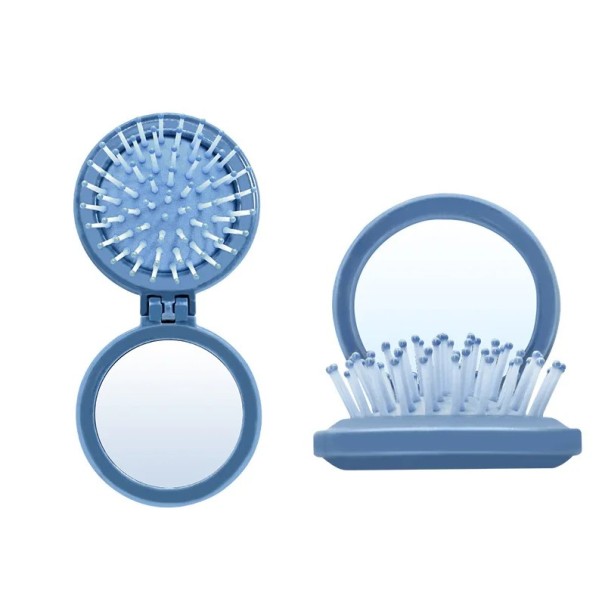 Mini opvouwbare kam met spiegel Compacte reisborstel met luchtkussen Zachte tanden tegen haarbreuk blauw