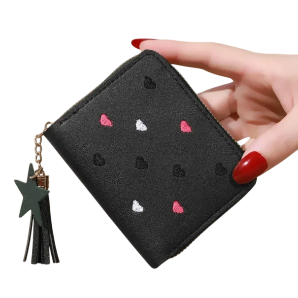 Mini peňaženka so srdiečkami a strapcom s hviezdou 10,7x2x8,3 cm viac ako 6 priehradok zipsové vrecko na mince dlhý zips pozdĺž peňaženky elegantný design čierna