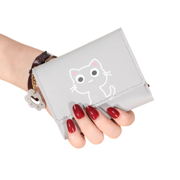 Mini portemonnee met geanimeerde kat en gelukspoot 11,5x9 cm meer dan 7 compartimenten fotovenstervak voor bankbiljetten schattig en praktisch ontwerp grijs