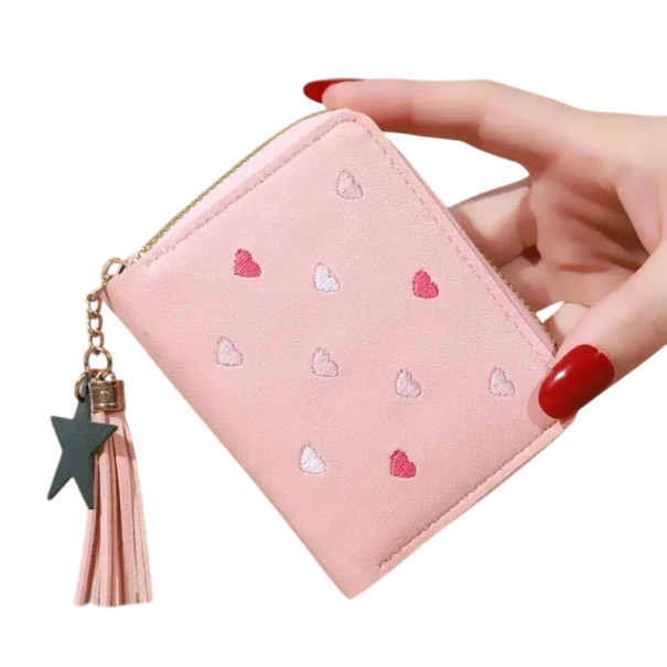 Mini portofel cu inimioare și ciucuri cu o stea 10,7x2x8,3 cm peste 6 compartimente buzunar cu fermoar pentru monede fermoar lung de-a lungul portofelului design elegant roz