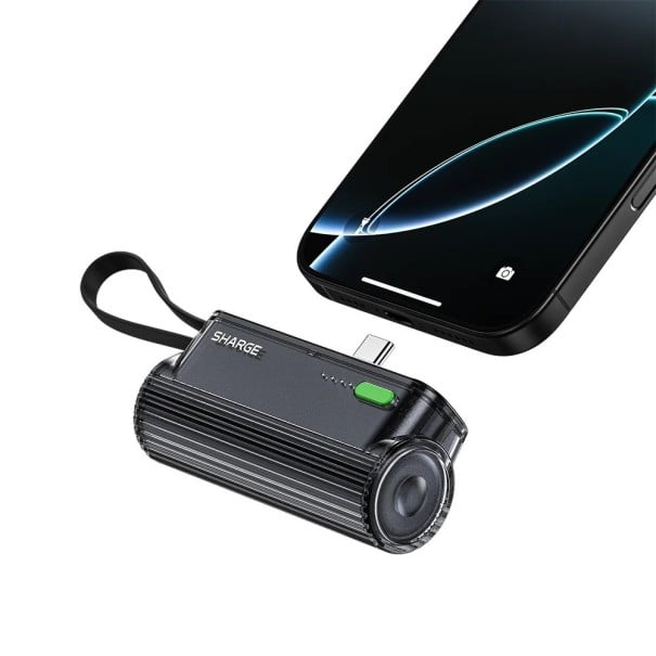 Mini powerbanka Rychlé nabíjení 22,5 W 5000 mAh Vestavěný konektor USB-C bez kabelu LED indikace nabití Poutko Do kapsy i do batohu černá