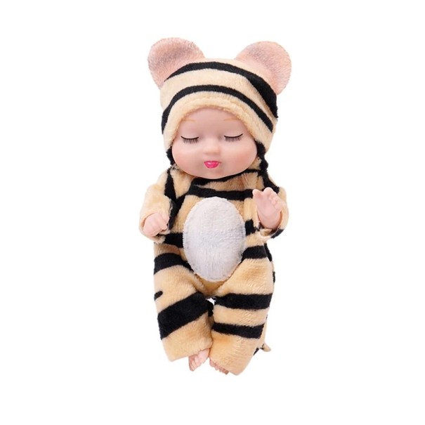 Mini-Puppe 11 cm mit geschlossenen Augen im Tigerkostüm aus weichem Plüsch Realistische Dekoration Niedliches Geschenk für Kinder und Sammler 1