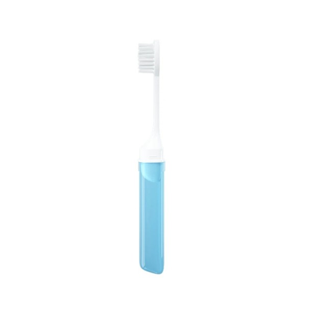 Mini resehopfällbar tandborste för vuxna bärbar liten tandborste i transparenta färger utfälld 16x2cm ihopfälld 10x2cm blå
