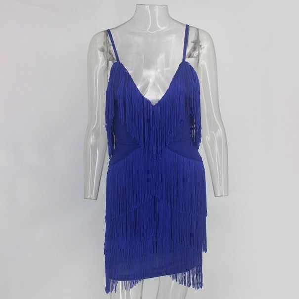 Mini rochie de lux cu franjuri albastru S