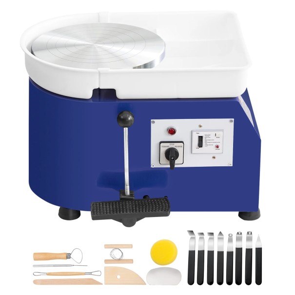 Mini roda de oleiro com regulação de rotações 60–300 rpm, diâmetro do prato 28 cm, construção em ABS, azul e branco com pedal para cerâmica 1