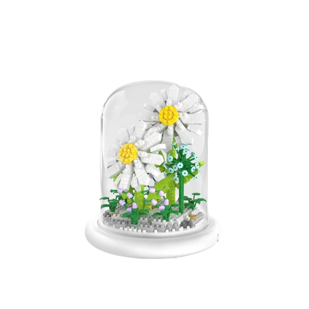 Mini set de construcție flori de margaretă pe suport iluminat și sub un capac de sticlă 13,5 x 11,7 cm baterii AAA 550 piese 1