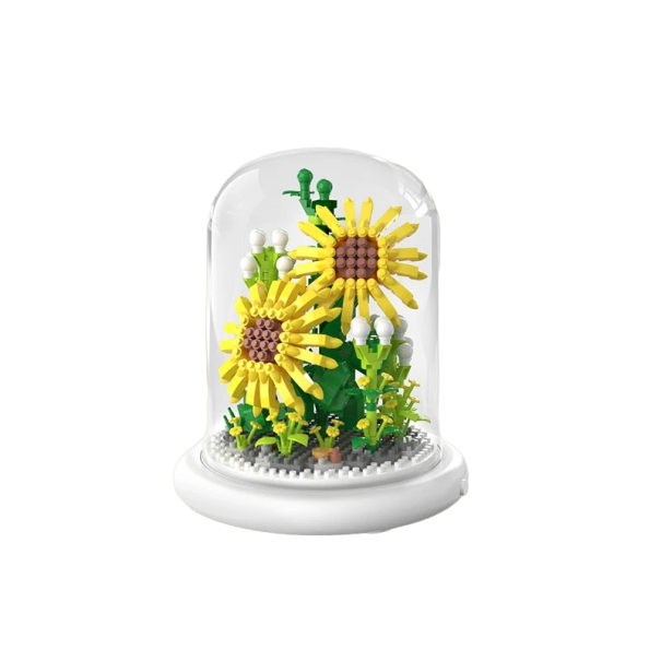 Mini-Sonnenblumen-Set auf leichter Basis und in einer Glasabdeckung, 13,5 x 11,7 cm, AAA-Batterie, Heimdekoration aus einem Set, faltbares Kinderspielzeug, 590 Teile 1