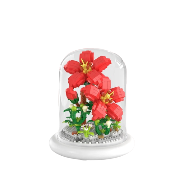 Mini stavebnica červené kvety na svietiacom podstavci av sklenenom poklope 13,5 x 11,7 cm AAA batérie Domáca dekorácia zo stavebnice Detská skladacia hračka 640 dielikov 1