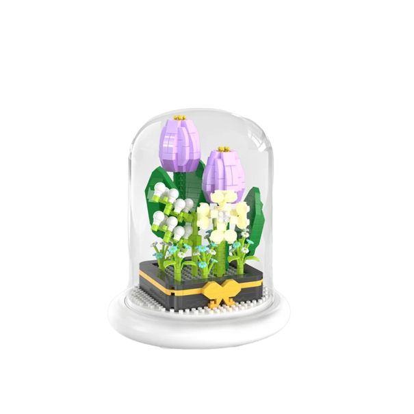 Mini stavebnica fialového tulipánu na svietiacom podstavci av sklenenom poklope 13,5 x 11,7 cm AAA batérie Domáca dekorácia zo stavebnice Detská skladacia hračka 620 dielikov 1