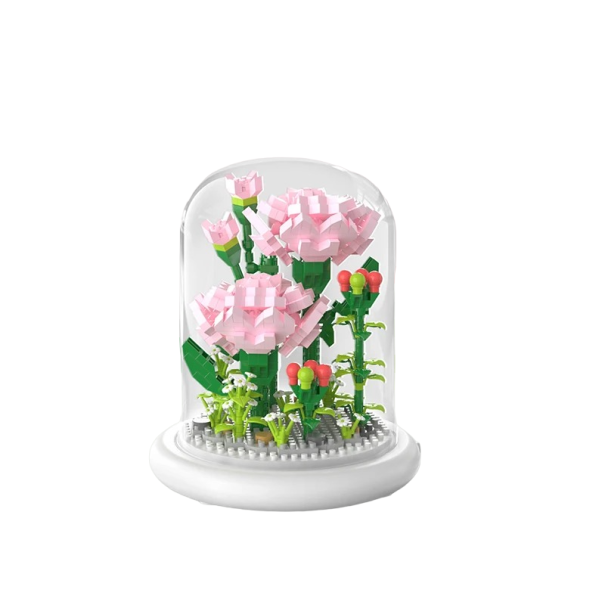 Mini stavebnica ružového karafiátu na svietiacom podstavci av sklenenom poklope 13,5 x 11,7 cm AAA batérie Domáca dekorácia zo stavebnice Detská skladacia hračka 770 dielikov 1