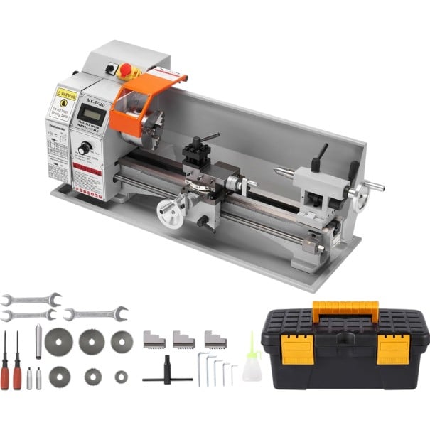 Mini sústruh na kov 180 x 400 mm 800 W Bezkartáčový motor Plynulá regulácia otáčok Digitálny displej Liatina HT200 Šedý Do dielne 1