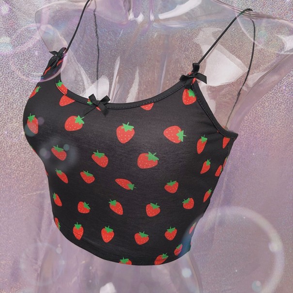 Mini tanktop voor dames met aardbeienprint zwart S