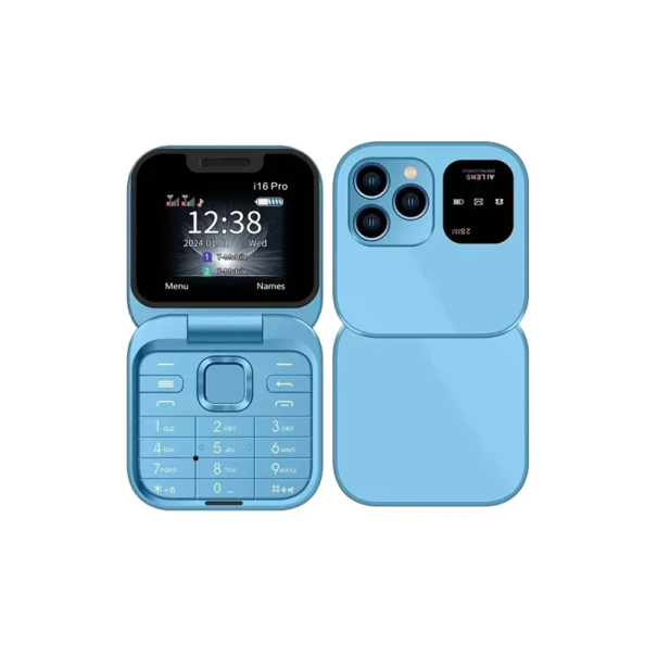 Mini teléfono plegable SERVO i16 Pro 2G Flip 2SIM Pantalla TFT de 1,77" Linterna LED Tipo C Radio FM Jack 3,5mm MicroSD 1000 mAh Bluetooth azul