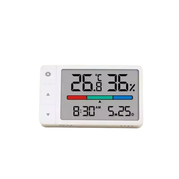 Mini termometro e igrometro digitale con orologio 80 x 48 mm display LCD Misurazione interna della temperatura e dell'umidità Funzione da tavolo e da parete 1