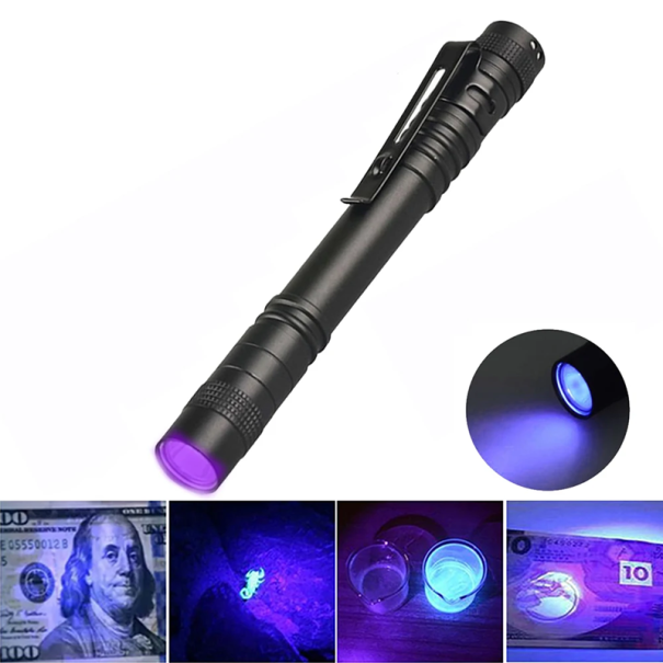 Mini torcia con luce viola 395nm 13,2 x 1,4 cm Luce UV compatta Torcia tascabile per rilevamento di macchie ed effetto fluo 1