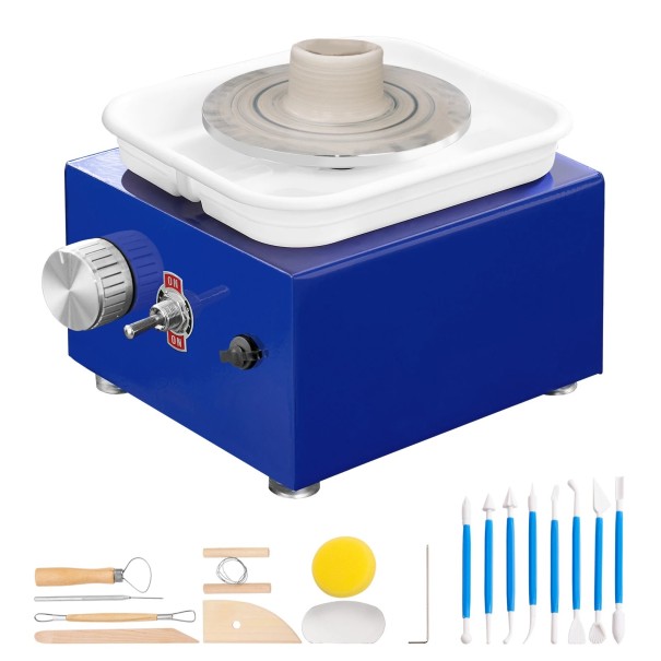 Mini torno de oleiro com regulação de rotações 0–300 rpm, diâmetro do prato 10 cm, base em ABS, azul e branco com acessórios para modelagem de cerâmica 1
