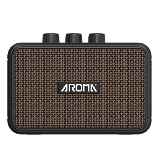 Mini trådløs guitarforstærker med Bluetooth, Gain/Tone/Volume kontrol, 3,5mm jack til hovedtelefoner og USB-C opladning 12,5 x 6,5 x 9 cm brun