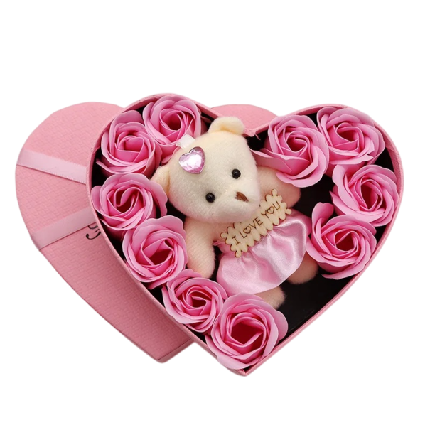 Mini urso de peluche com rosas artificiais Caixa de presente em forma de coração Presente romântico Dia dos Namorados Decoração floral Surpresa de aniversário 17×15,5×4 cm rosa