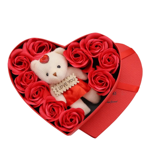 Mini ursuleț de pluș cu flori artificiale Cutie cadou în formă de inimă Cadou romantic 17×15,5×4 cm roșu