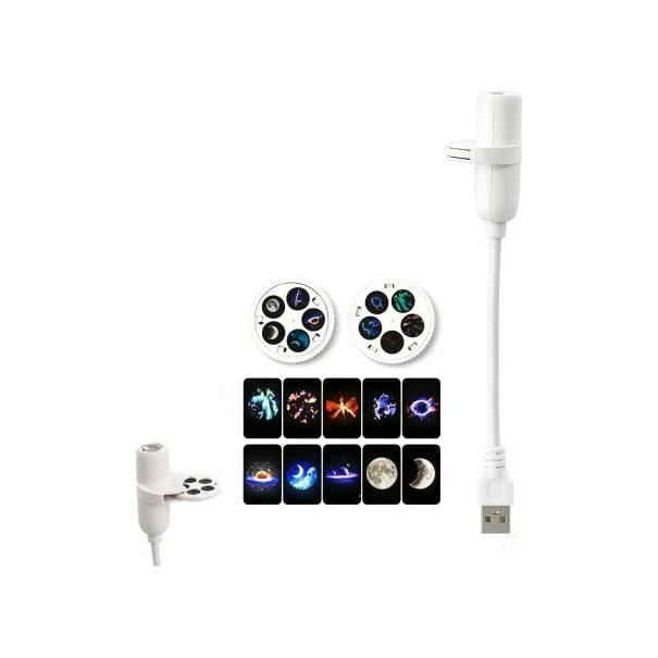 Mini USB projektor med stjernehimmel 10 motiver 2 udskiftelige skiver Fleksibel arm 185 mm 360° roterbar LED 3 W Hvid Natlampe til værelset og bilen 1