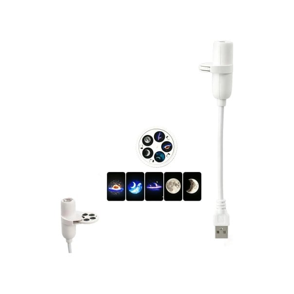 Mini USB projektor med stjernehimmel 5 motiver Udskifteligt disk Fleksibel arm 185 mm Drejelig 360° LED 3 W Hvid Nattelys til værelset og bilen 1