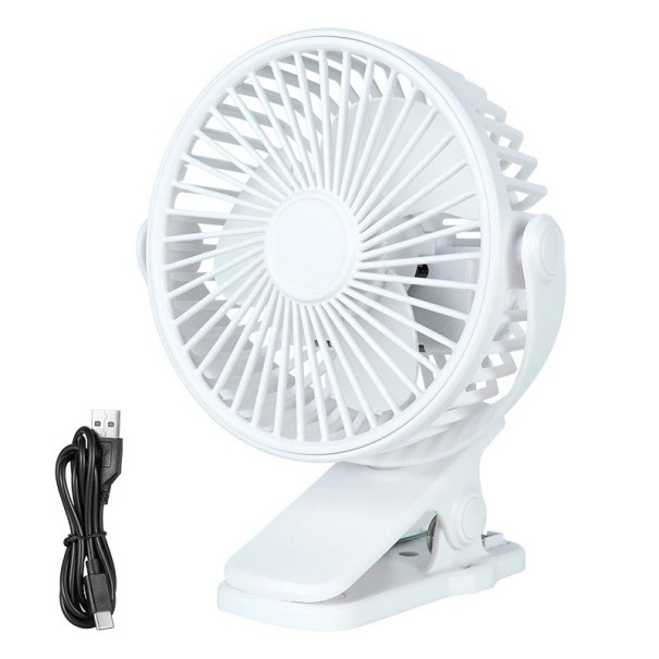 Mini ventilador com clip 12,5×9×5 cm Ventilador elétrico portátil com carregamento USB Rotação de 180° Velocidades ajustáveis Ventilador branco