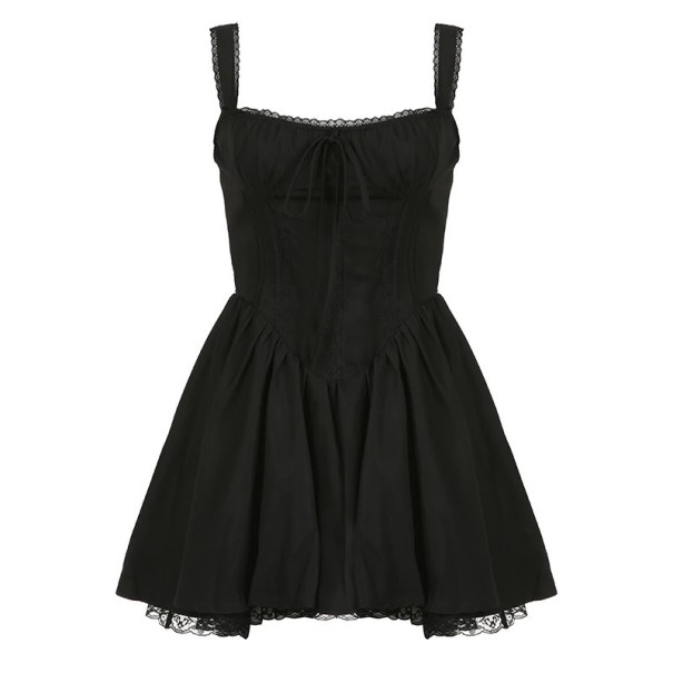 Mini vestido con corte corsé y ribete de encaje Elegante estilo vintage Copas moldeadas Fruncido Cordón entre los senos Vestido de mujer negro M