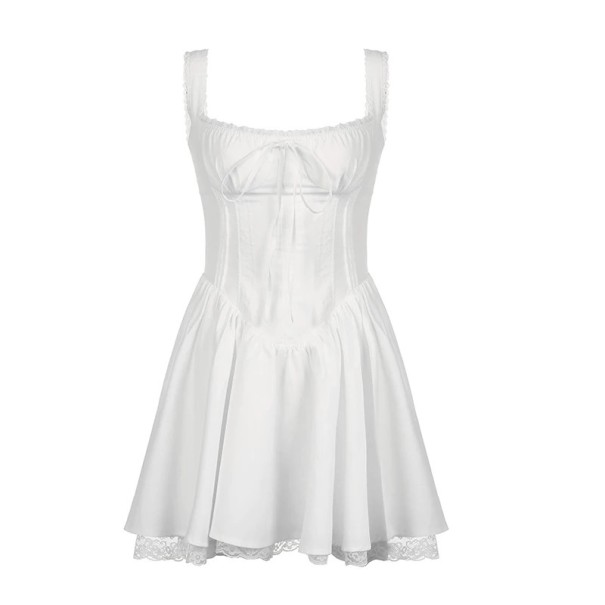 Mini vestidos com corte de corpete e bainha de renda Estilo vintage elegante Copas moldadas Pregas Corda entre os seios Vestidos femininos branco S