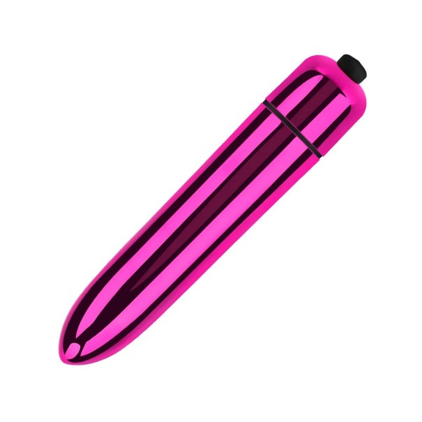 Mini vibrator clitoridian cu aspect metalic lucios, dimensiune compacta 9,1 x 1,8 cm, diverse culori, alimentat de 1x AAA, Ambalaj discret roz închis