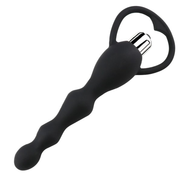 Mini vibrator din silicon cu baterie în formă de margele anale cu mâner rotund 17 cm ambalaj discret impermeabil negru