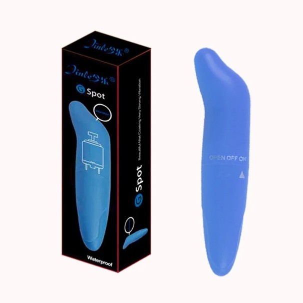Mini vibrator din silicon cu două fețe în formă de delfin, cu design compact și ambalaj discret albastru