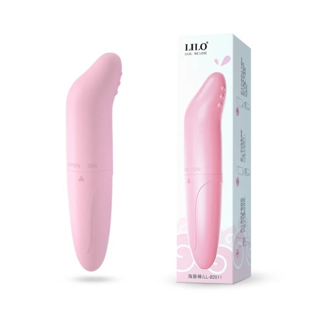 Mini vibrator din silicon cu două fețe în formă de delfin, cu design compact și ambalaj discret roz