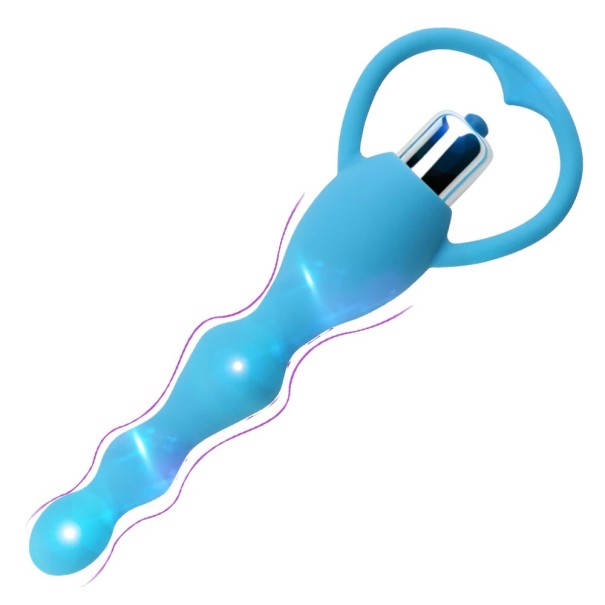 Mini-vibrator op batterijen van siliconen in de vorm van anale kralen met een ronde handgreep, 17 cm waterdicht, discrete verpakking blauw