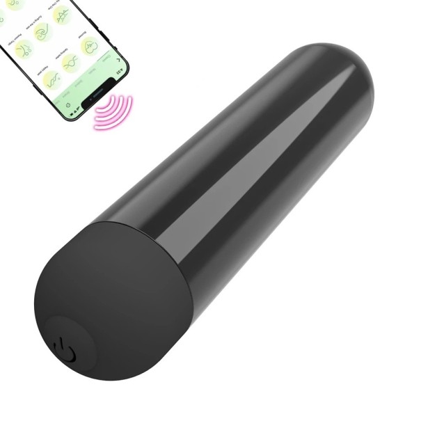 Mini vibratore a forma di proiettile con applicazione mobile, dimensioni 8,5 x 1,6 cm, confezione discreta per comodità e privacy nero