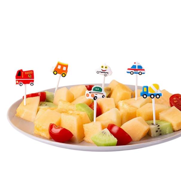 Mini widelczyki do owoców 6 szt. dziecięcy motyw samochodów plastikowy zestaw wykałaczek do owoców deserów i przekąsek naczynia stołowe do dziecięcego stołowania 1